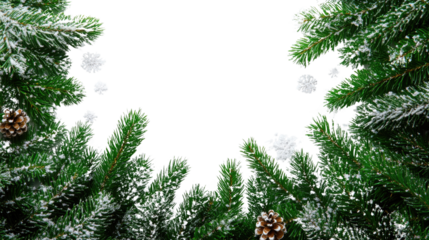 Festive Embrace: A captivating holiday scene, with lush evergreen boughs and delicate pine cones framing a seasonal ambiance.Snowflakes add a touch of winter enchantment,