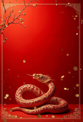 Obraz premium Elegant red and gold Chinese New Year design featuring a shimmering golden snake.