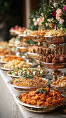 Fototapeta premium A buffet table with delicious snacks, fruits, salads, vegetables, and meats, offering a variety of healthy, fresh, and tasty options for lunch or dinner in a restaurant setting