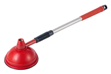 Red rubber toilet plunger tool isolated with transparent background