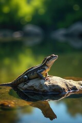 Fototapeta premium Slowly blinking reptile rests on a sunny rock, water features, serenity, pond life