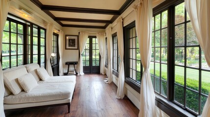 Obraz premium Relaxing sunroom escape residential home interior photography cozy environment natural light peaceful concept