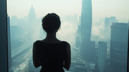Fototapeta premium Silhouette of a woman gazing out at a misty urban skyline from a high vantage point