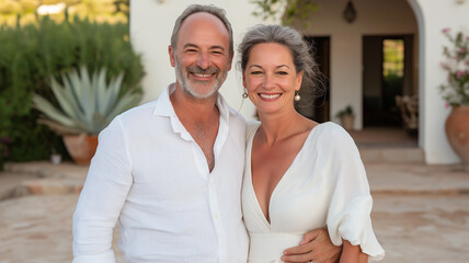 Obraz premium Mature couple hugging outside their new home 