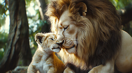 Fototapeta premium lion and lion cub, AI generated