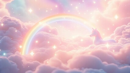 Obraz premium A pastel rainbow unicorn rests on a fluffy cloud under sparkling stars in a soft pink fantasy sky.A whimsical unicorn on a cloud with a vibrant rainbow, surrounded by sparkling stars in a dreamy pink 