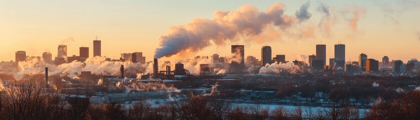 City skyline with industrial smoke at sunset