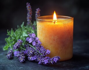 Photo of a lavender-scented candle with a burning flame and aromatic smoke