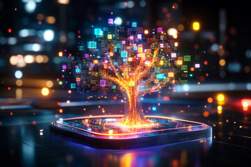 Glowing tree map with colorful blocks forming a mosaic, symbolizing hierarchical data structures, business analytics, and data visualization concepts