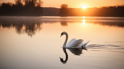 Naklejka premium a serene swan gliding through tranquil waters at sunrise