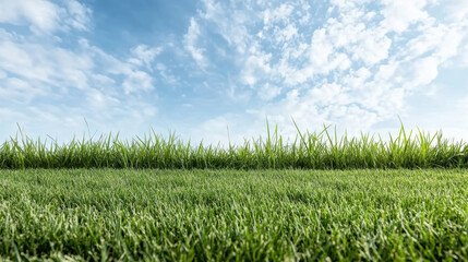 Obraz premium Lush green grass under bright blue sky with fluffy clouds