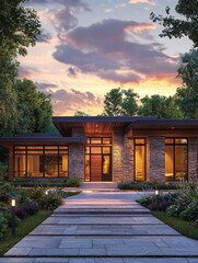 Obraz premium Serene Modern Home Amidst Sunset: A contemporary residence is illuminated by the soft glow of sunset, the architecture blending harmoniously with its natural surroundings.