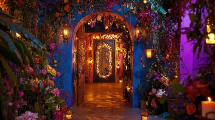 Fototapeta premium Colorful Floral Pathway with Soft Lighting and Vibrant Decorations