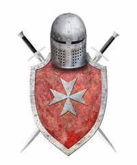  knight shield helmet and two swords  on white