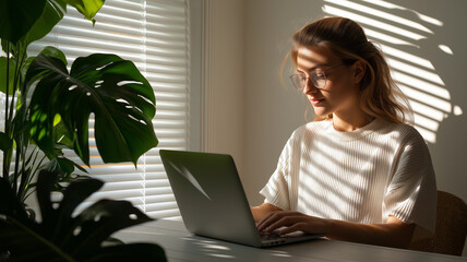 Fototapeta premium Young woman attending online course in home office 