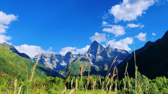 Teberdinsky Nature Reserve. View of Kosygin's glade in the Gonachkhir gorge and the top of Dombai-Ulgen mountain near Lake Tumanly-Kel on a sunny summer day. Panoramic landscape. Resort. 4K