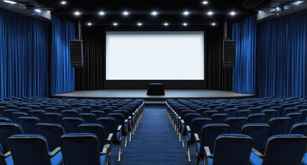 Fototapeta premium Modern theater with rows of blue seats and a large screen