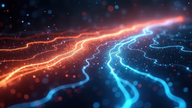 Exploring quantum mechanics and retrocausality through vibrant blue and orange wave patterns in a cosmic landscape