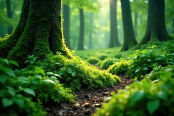 Forest floor with thick green hairy leaves covering the ground, lush landscape, humid environment