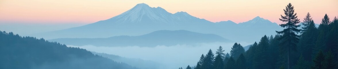 Fototapeta premium Foggy morning scene with towering pine and mountain, scenery, tranquil, pine