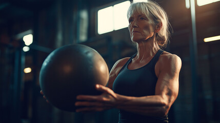 Naklejka premium Senior woman doing a crossfit workout, lifting a medicine ball with power, bright gym lighting emphasizing her strength, determined and strong