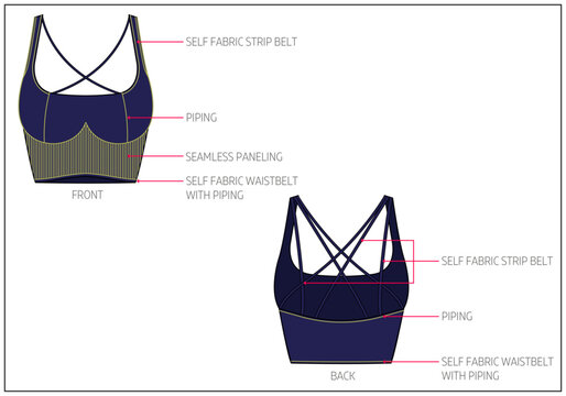 Women Active Sports Bra Fashion Design Technical Tech Pack.