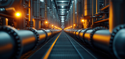 detailed view of industrial factory interior with metallic pipes and glowing lights, showcasing modern and eco friendly design