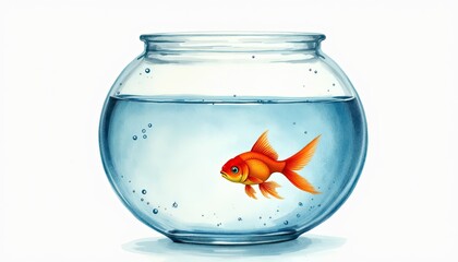 Realistic goldfish in glass fishbowl, minimalistic