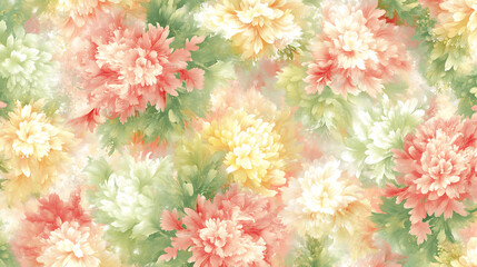 Delicate Floral Arrangement with Pastel Flowers and Green Foliage in a Soft Romantic Style Pattern