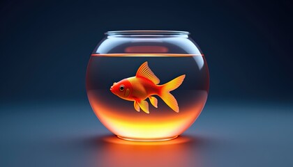 Goldfish in illuminated fishbowl on dark background