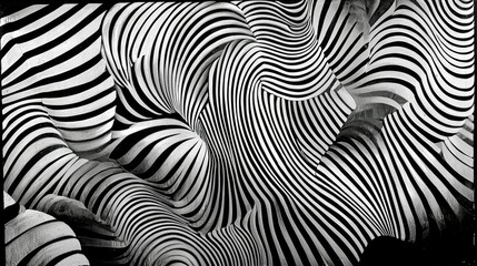 Abstract Black and White Striped Pattern with Curves and Waves