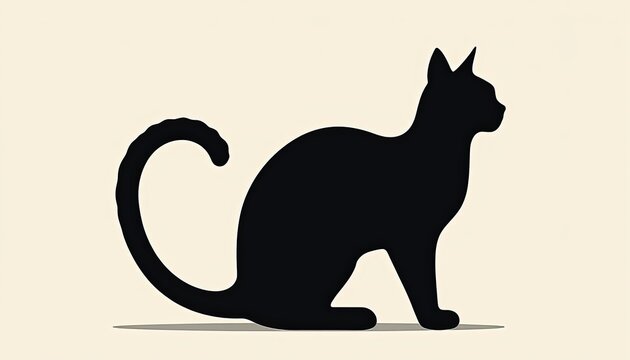 Black cat silhouette with curled tail on beige background