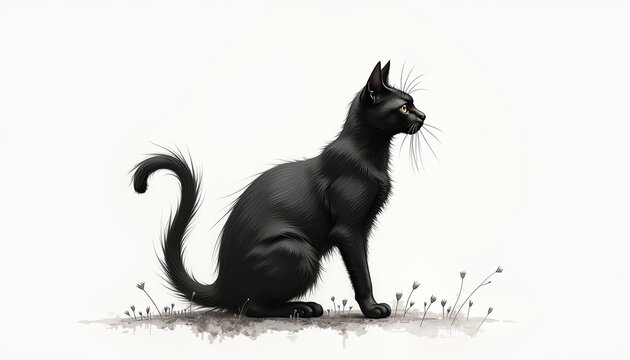 Black cat with curled tail sitting on white background