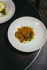 beef stroganoff puree and fried onions