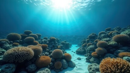 Obraz premium Underwater scene of coral reef affected by bleaching with sunlight filtering through 