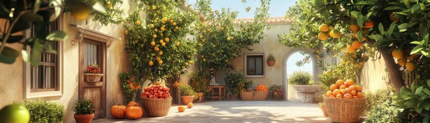 Fototapeta premium Sunny Courtyard with Orange and Lemon Trees