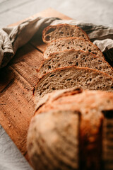 Cut slices of homemade sourdough bread from an angle