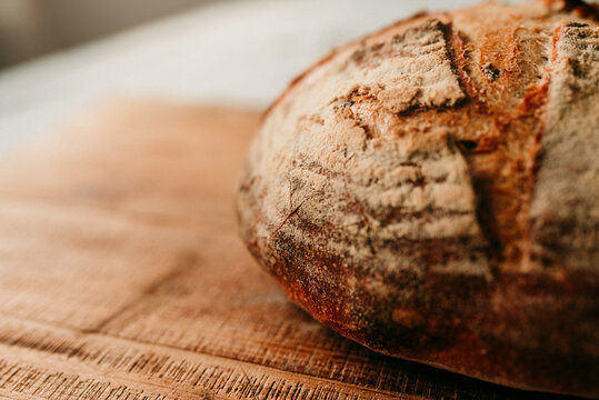 A close up of a homemade sourdough bread