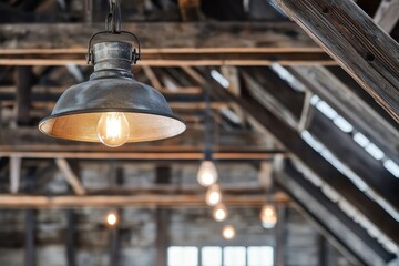 Rustic barn lighting with exposed wooden beams