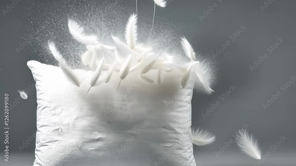 Wall mural White pillow exploding with feathers on gray background