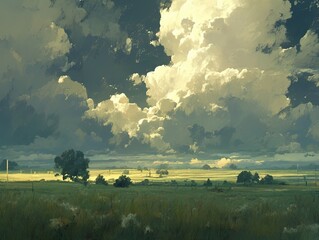 Field with trees under a cloudy sky for a peaceful scene illustration