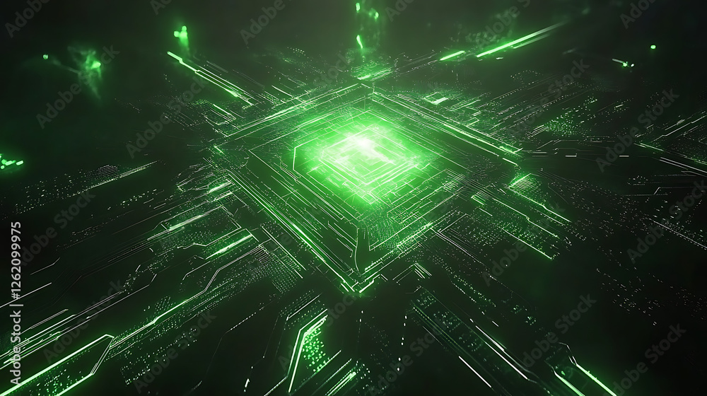 Poster digital circuit board core with intense green illumination for advanced processor technology renderi