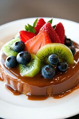 A beautifully arranged fruit tart topped with glossy strawberries, blueberries, and kiwi slices, with smooth caramel glaze reflecting light