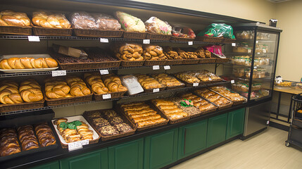 Display of Baked Goods on Shelves in a Bakery Environment