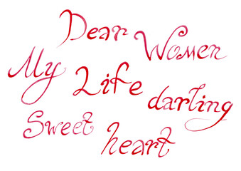 A set of different words in red on a white background. Calligraphic font. Rounded letters, long elements and curls. The words Dear, Woman, My, Life, Darling, Sweet, Heart.