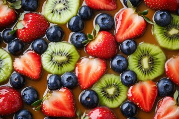 Obraz premium A beautifully arranged fruit tart topped with glossy strawberries, blueberries, and kiwi slices, with smooth caramel glaze reflecting light