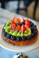 A beautifully arranged fruit tart topped with glossy strawberries, blueberries, and kiwi slices, with smooth caramel glaze reflecting light