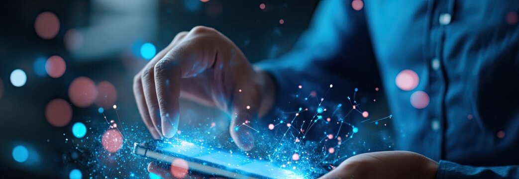 Person using tablet, digital network, bokeh background, tech