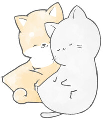 Shiba Inu and cat sleeping cuddling