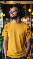 A man wearing gold color t shirt mockup; with wireless headphones; at the cafe; front view